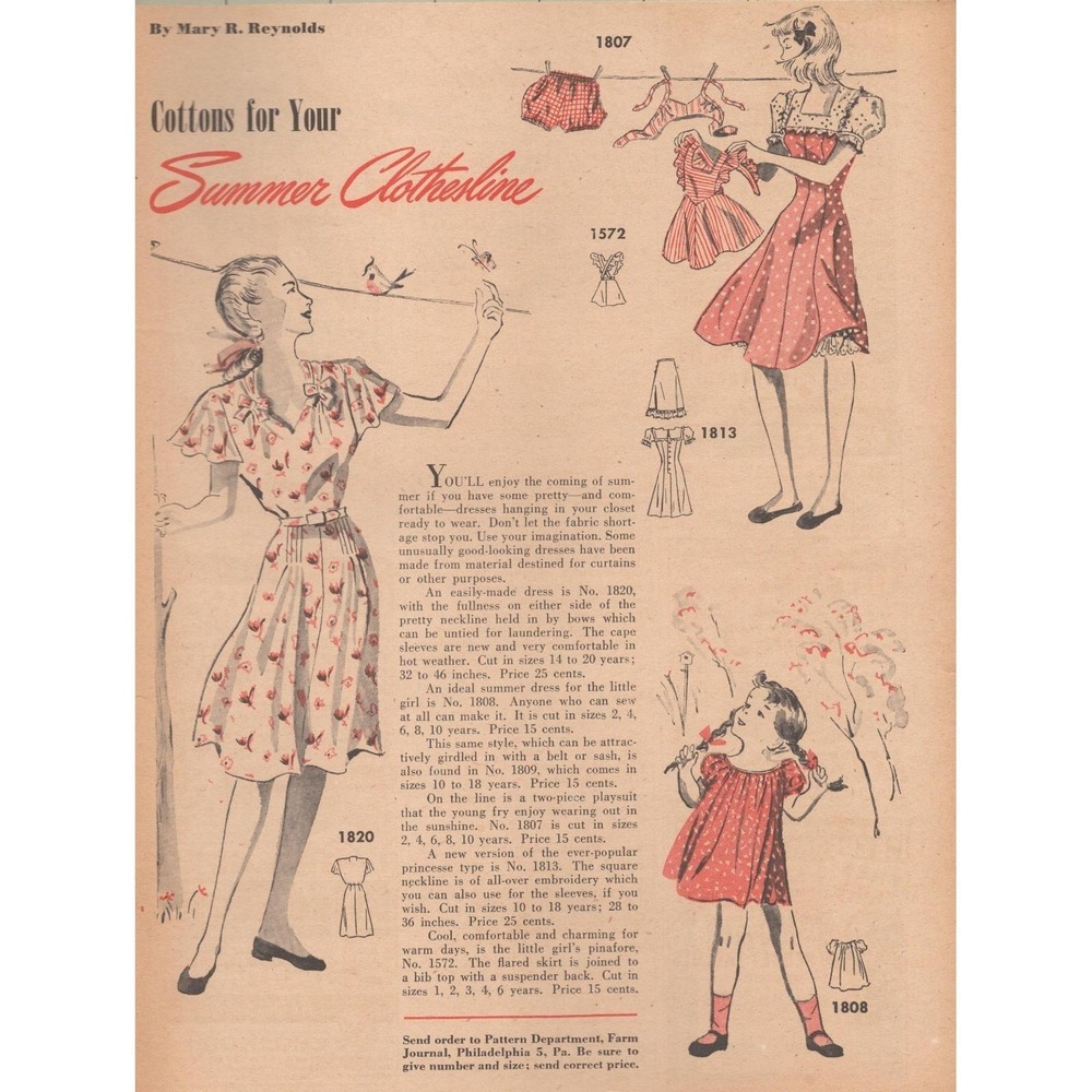 Dress Patterns Farm Journal Cottons For Your Summer Clothesline Print Ad 1946